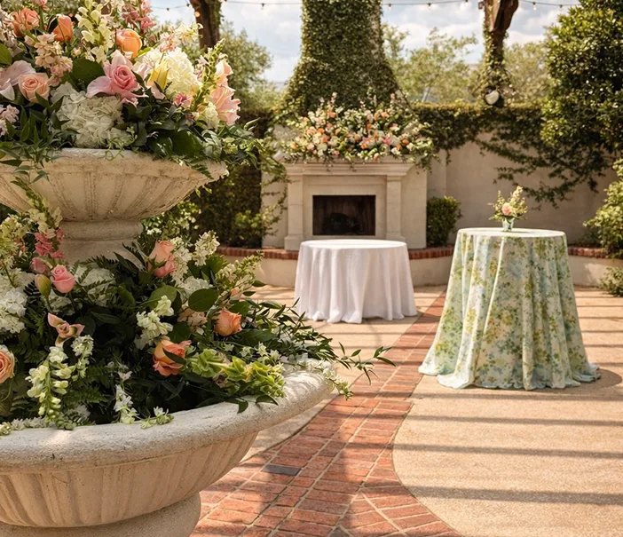 Venue courtyard fountain and brick patio